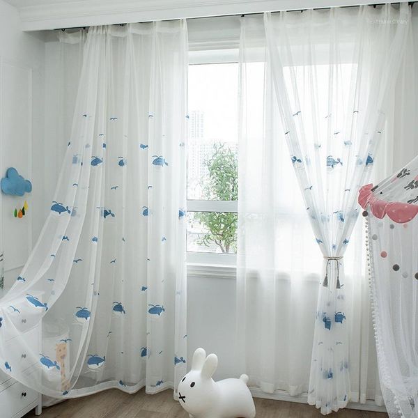 

blue whale curtains embroidered children curtains sheer kid for living room bedroom baby room tulle white voile jk196y1