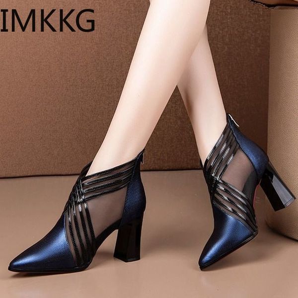 

2020 new arrived woman mesh blue ankle boots for women summer square heels boots sandal ladies pointed toe australian boots c0202, Black