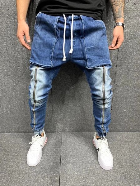 

mens big pocket denim jeans gradient zipper drawstring pencil pants homme skateboard harem pants, Blue