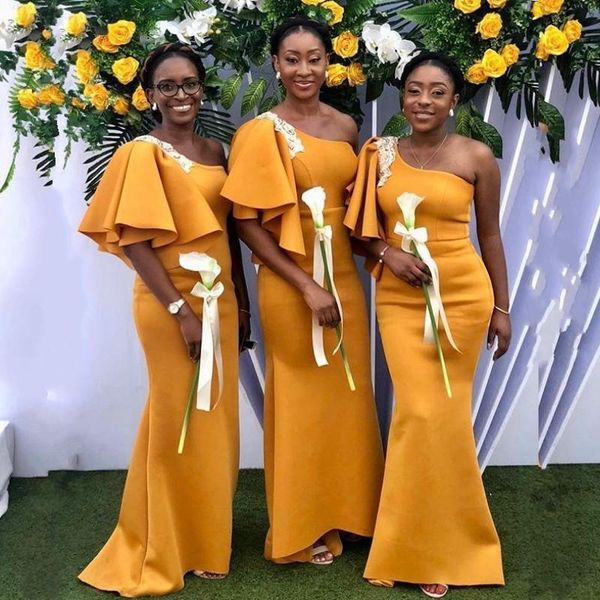 

setwell one shoulder mermaid bridesmaid dresses half sleeve lace appliques floor length summer maid of honor gowns, White;pink