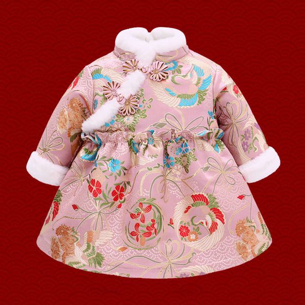 

children's autumn and winter girl's hanfu chine sle drs thickened baby plush new year cloth, Red;yellow
