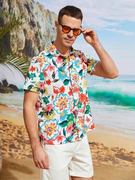 

men allover floral print button up shirt 36gj#, White;black