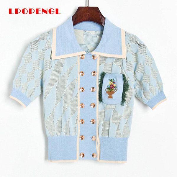 

spring autumn knitted sweater women's 2020 short short sleeve embroidered pocket flower pattern double breasted lapel1, White