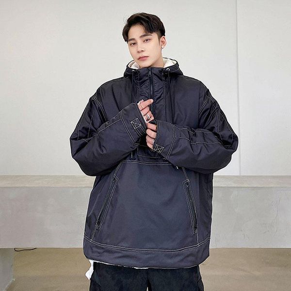 

male streetwear hip hop loose casual coat overcoat men winter thicken hooded pullover parkas jacket outerwear, Black