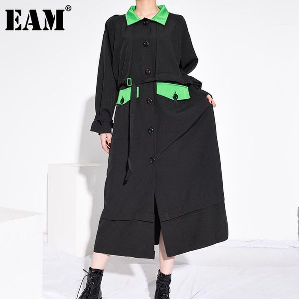 

eam] women black contrast color big size long trench new lapel long sleeve loose windbreaker fashion spring autumn 2020 1z4931, Tan;black