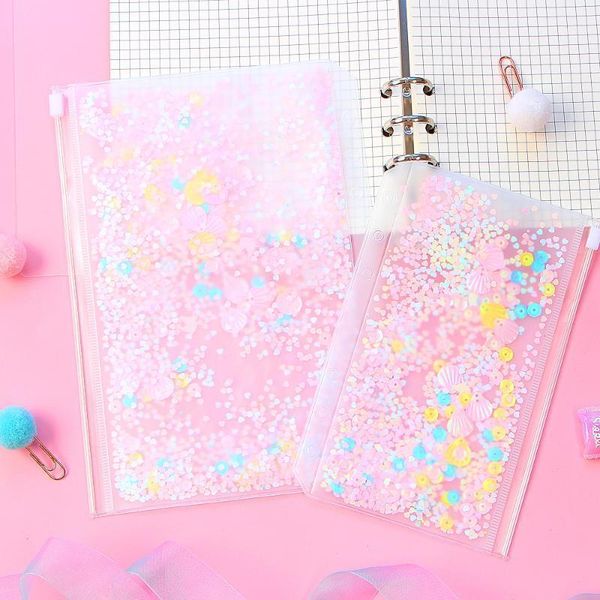 

1pcs transparent shining pvc 6 hole zipper document bag storage card holder for a5 a6 pouch diary planner accessories supplies1, Purple;pink