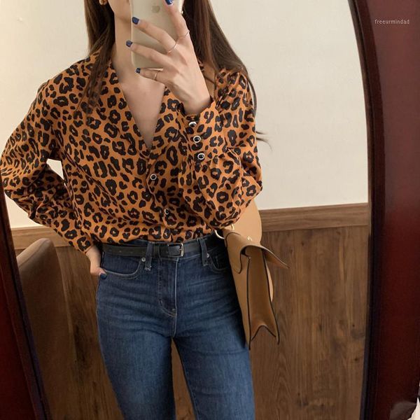 

women's blouses & shirts korean retro leopard print single breasted cardigan design sense minority blouse 2021 women v-neck long sleeve, White