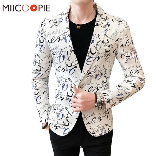 

casual mens blazer hombre fashion slim fit letter printed men suits jacket spring autumn one button social blazers streetwear, White;black