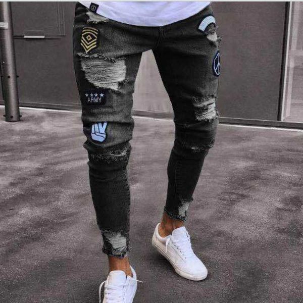 

корейские моды мужские джинсы вышивания патч дизайнер разорвал джинсы стрейч карандаш брюки улица повседневные растягивающиеся мужчины, Blue