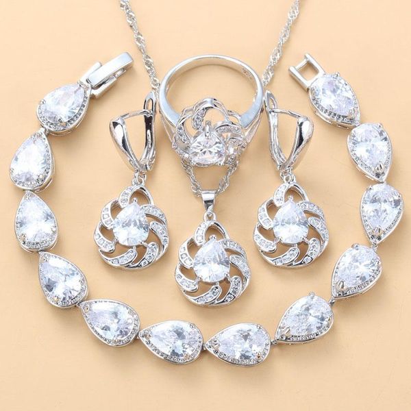 

dubai bridal jewelry sets for women fashion costume silver color white cubic zirconia necklace and earrings sets