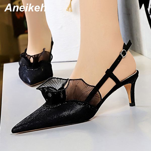 

aneikeh new 2020 elegant pointed toe pumps lace patchwork ruffles sweet slip-on women's wedding shoes tacones altos mujer c0129, Black