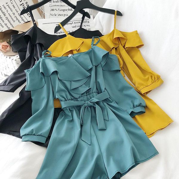 

2021 summer new arrival chic korean women playsuits korean spaghetti strap off shoulder jumpsuits ruffles bodysuits, Black;white