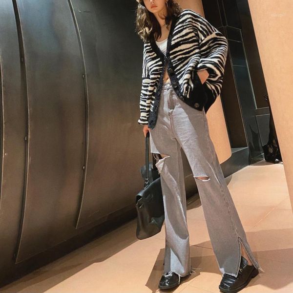 

korean style split ripped women jeans high waist straight pants denim with hole female wide leg trousers mujer mop floor cowboy1, Blue