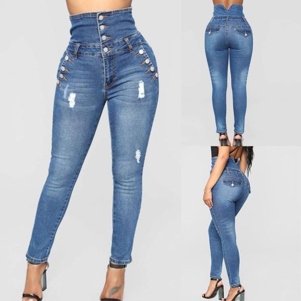 

women's jeans patchwork straight high waisted elasticity skinny pants all-match pencil long trouse streetwear outfits, Blue