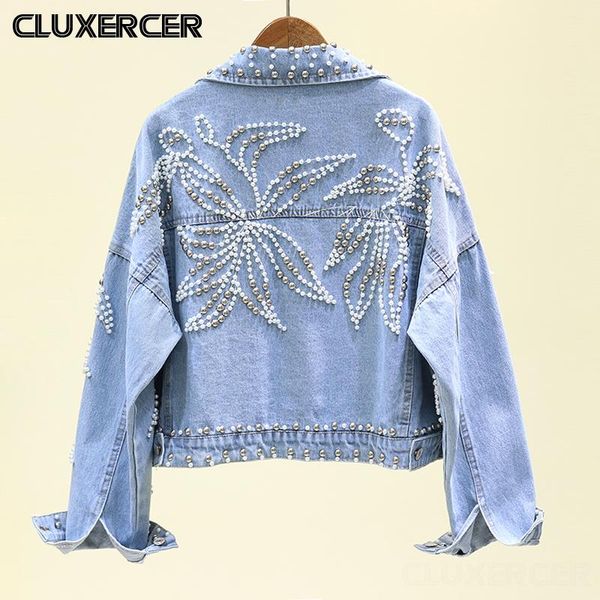

2020 spring autumn streetwear beading denim jacket women solid short jeans coat female casual loose outwear, Black;brown