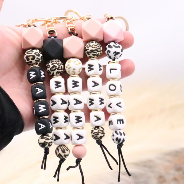 

lcross border wholesale beaded food grade silicone letter keychain pendant key ring multicolor optional, Silver