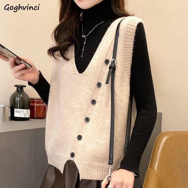 

women's vests women sweater vest solid button knitted sleeveless casual loose v-neck simple leisure autumn winter coat korean style pul, Black;white