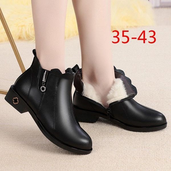 

genuine leather women snow boots winter warm natural wool fur ankle boots for women flat mother shoes female thick heel shoes1, Black