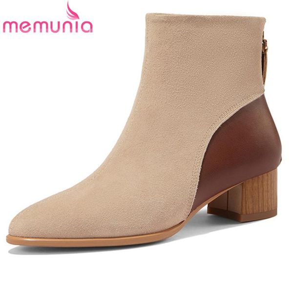 

boots memunia 2021 arrive suede leather ankle for women mixed colors zip thick heel casual shoes autumn winter woman, Black