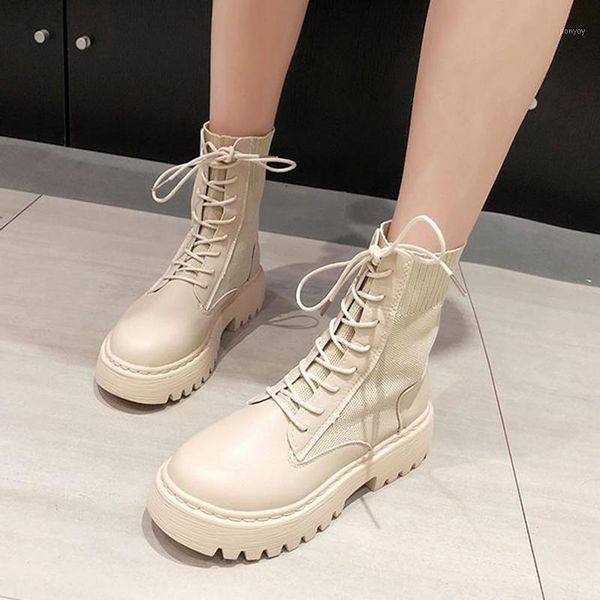 

women mid calf boots woman british style boots lace up autumn winter pu leather warm shoes women's thick bottom shoes plus size1, Black