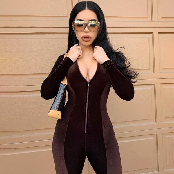 Neue Herbst Winter Frauen Langarm Samt Zipper Fitness Bodycon Overall Jumpsuit Herbst Kleidung Streetwear