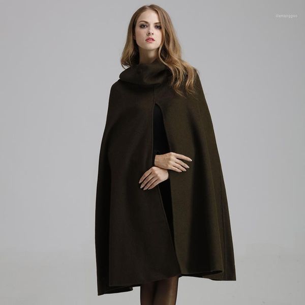 

cashmere women coat long woolen cape coat female winter solid army green black hooded loose plus size witches style1
