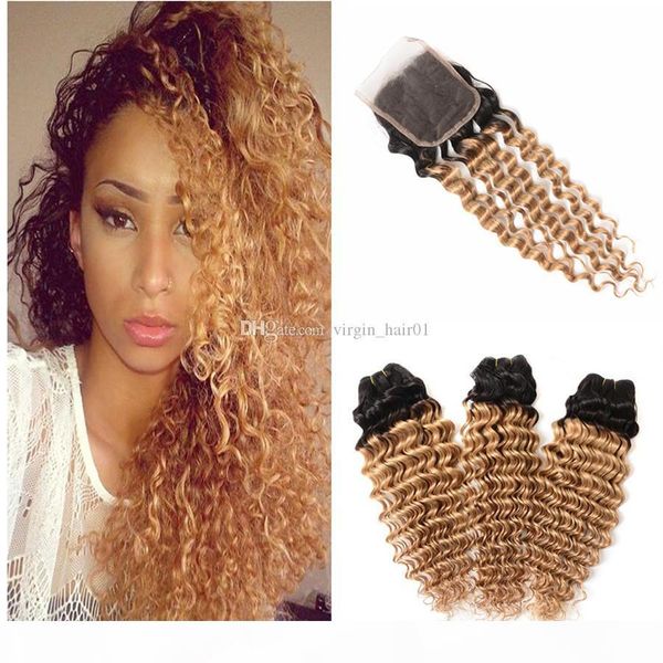 

two tone 27 blonde human hair with lace closure honey blonde ombre deep wave brazilian virgin hair bundles with closure 4pcs lot, Black;brown