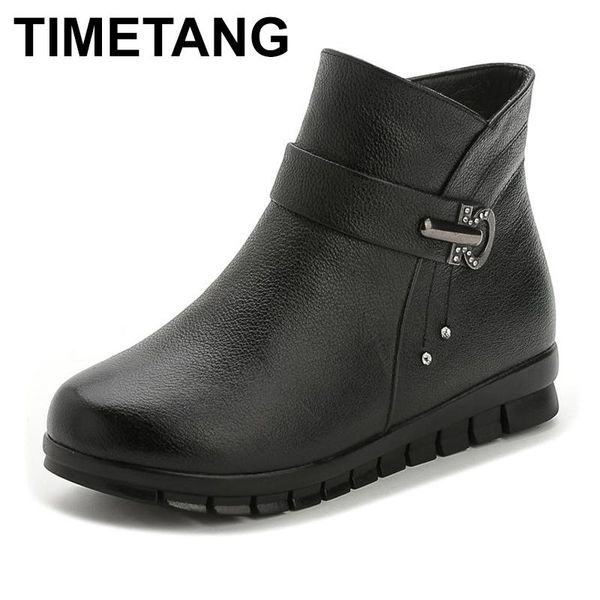 

timetangwomen boots2020new genuine leather boots wedge ankle boots women non-slip waterproof winter female warm cottonboot, Black