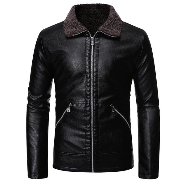 

mens winter leather jacket 2020 new keep warm thicken motorcycle jacket coat fashion casual men faux fur collar leather jackets, Black