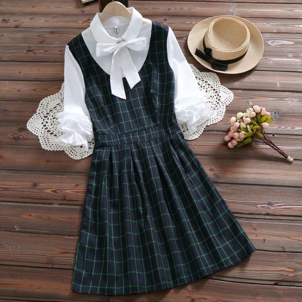 

mori girl cute kawaii plaid dress 2021 spring new arrival preppy style bow long sleeve sweet college pleated dress, Black;gray