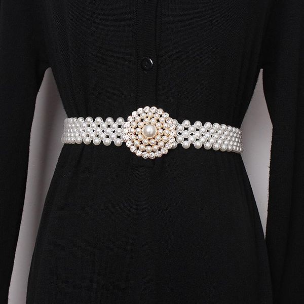 

elegant ladies high elastic waist belts round rhinestone hook pearl women waistband autumn dress shirt coat girdle strap belts, Black;brown