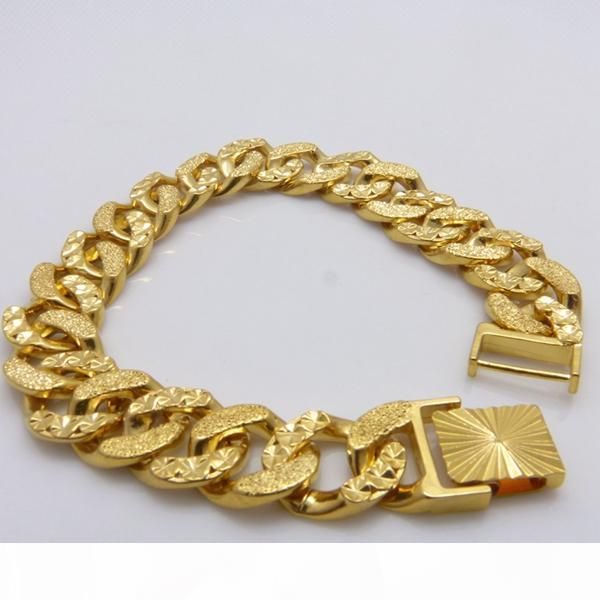 

carved wide wristband chain 24k yellow gold filled mens bracelet chain 8.6, Black