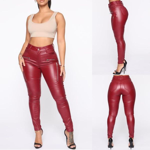 

women's pants & capris faux leather skinny for women 2021 female pu high waist elastic pencil ladies tight trousers d30, Black;white