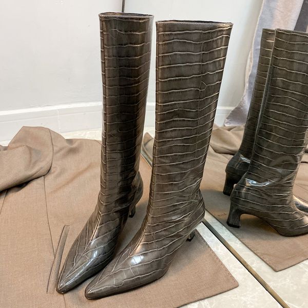 

gray black woman lady python poined toes zipper square western high heels long on knee pumps boots wwle