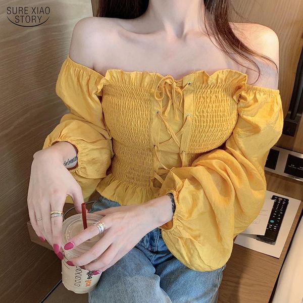 

korean style off shoulder blouses girls sweet ruffles slash neck lantern sleeve women's solid lace up ruffled blouse 10160, White