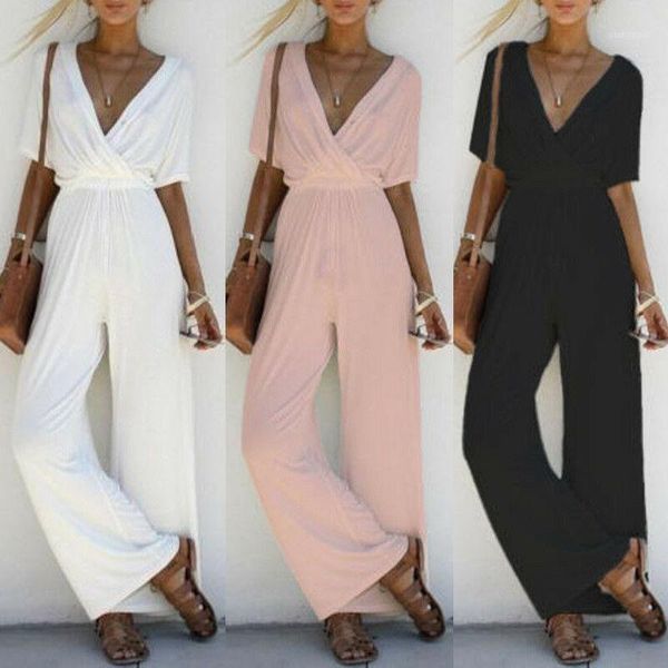 

2020 women solid color v neck casual loose playsuit party ladies romper short sleeve long jumpsuit1, Black;white