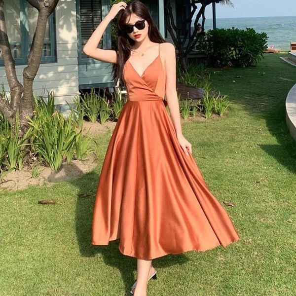 

ewq] beach vestidos халаты 2020 сладкий летний ремень без рукавов boho платье сексуальный backbloet bowknot длинные элегантные атласные пла, Black;gray