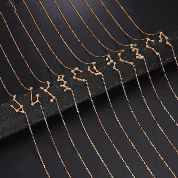 

2021 stainless steel clavicle chain wish amazon 12 twelve constellation ins diamond zodiac sign star dots pendant necklace, Silver