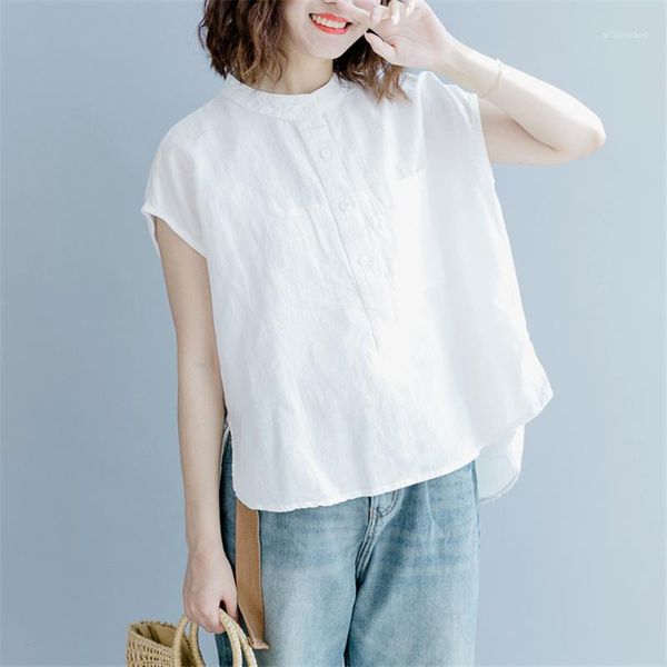 

johnature women stand shirts and blouses 2020 summer new solid color cotton linen casual button chinese style women shirts1, White