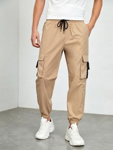 

men drawstring waist cargo pants z72h#, Black