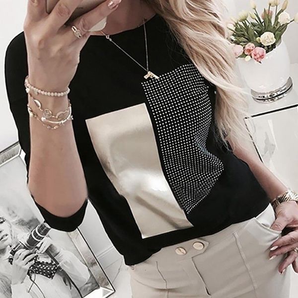 

tee shirt femme 2020 summer o neck long sleeve t shirt women color patchwork t-shirt casual tshirt ladies tee shirt femme, White