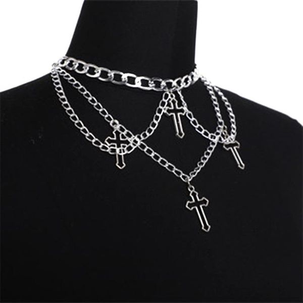 

1pc metal chain geometric chain punk statement silver color hollow trendy fashion necklace multilayer cross pendant necklace