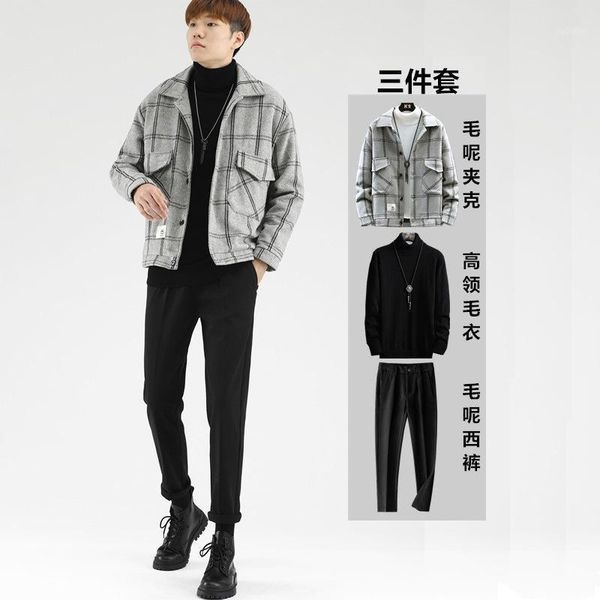

shang winter woolen coat boy thickening three piece hong kong style korean casual suit sweater woolen trousers man1, Gray