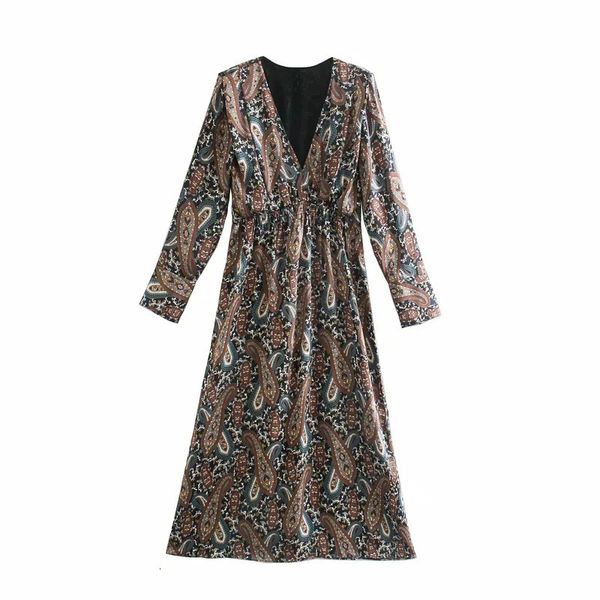 

2021 new vintage printed satin women pleated long sleeve midi dresses ladies elastic waist retro goth elegant dress zn54, Black;gray