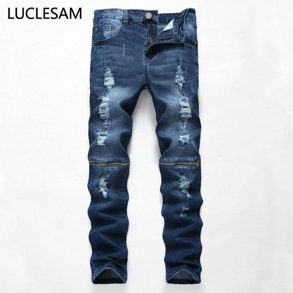 

men's jeans mens ripped with zipper denim pants men slim fit hip hop moto biker for casual stretch big holes skinny trousers1, Blue