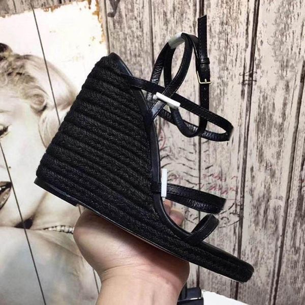 

spring wedge sandals classics slippers summer flat sandals slides fashion leather beach shoes eu:35-41 with box by shoe02 02, Black