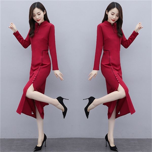 

red woman's dress elegant button turtleneck ladies'dresses fashion robe longue femme office lady dressed korean women's cloth, Black;gray