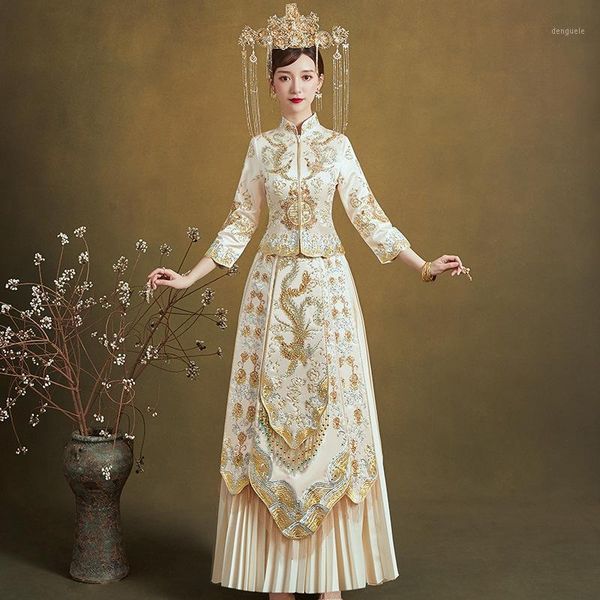 

champagne bride rhinestone dress wedding dress embroidery phoenix chinese cheongsam the bride toast clothing long section1, Red