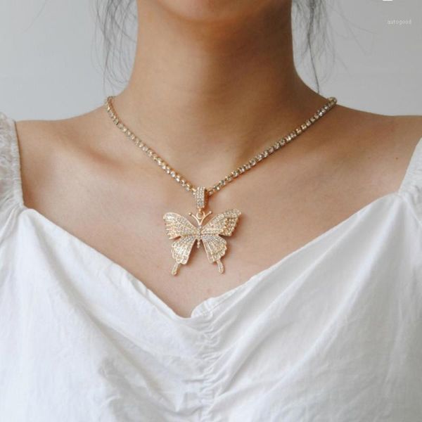 

chokers big butterfly pendant necklace rhinestone chain for women bling tennis crystal choker jewelry1, Golden;silver
