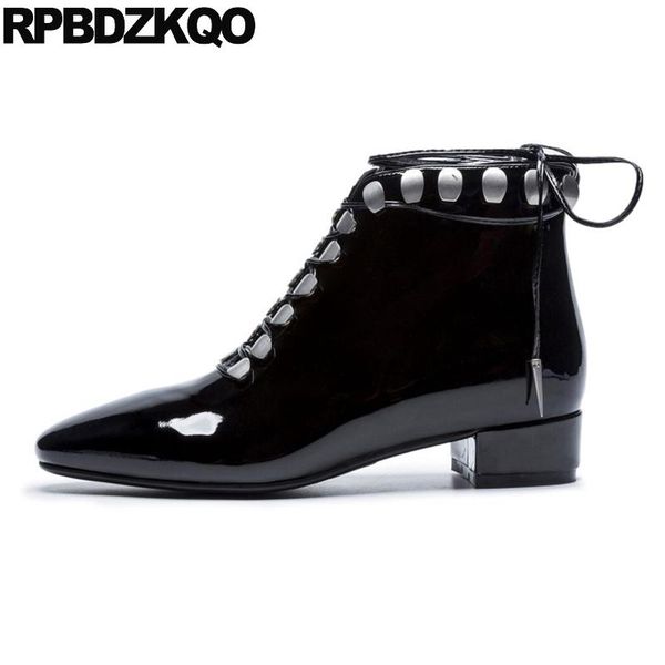

boots square toe retro vintage block metal front lace up casual ankle autumn women booties patent leather chunky suede shoes, Black